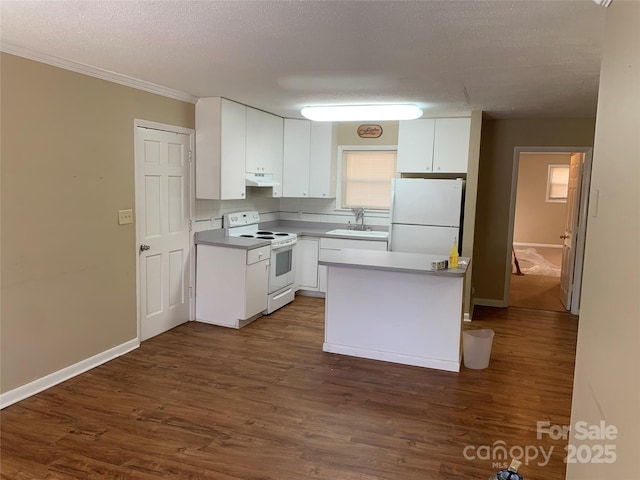 kitchen with white appliances, under cabinet range hood, dark wood-type flooring, and a sink