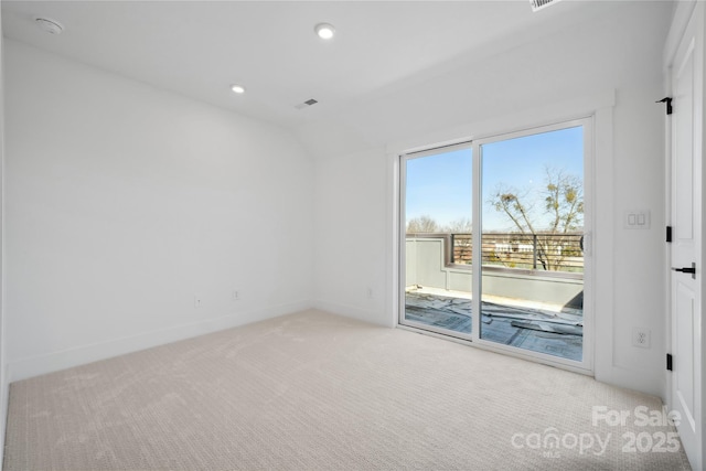 unfurnished room with carpet floors, recessed lighting, visible vents, vaulted ceiling, and baseboards