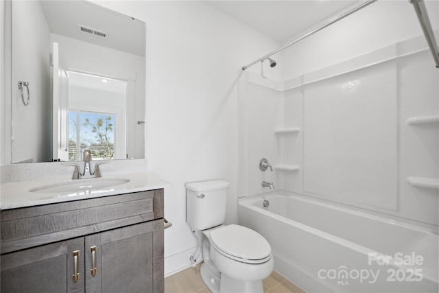 full bath with visible vents, tub / shower combination, vanity, and toilet