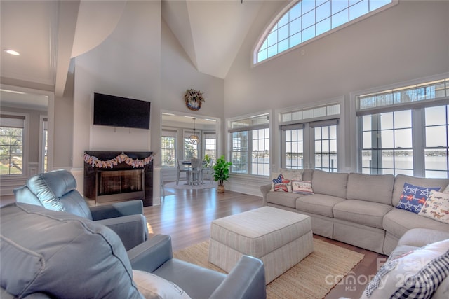 living room featuring a fireplace, a high ceiling, recessed lighting, and wood finished floors