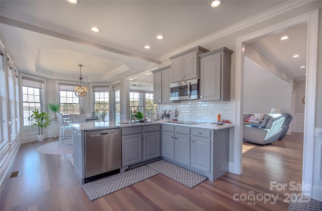 kitchen with wood finished floors, visible vents, a peninsula, gray cabinets, and stainless steel appliances