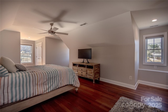 bedroom featuring visible vents, recessed lighting, baseboards, and wood finished floors