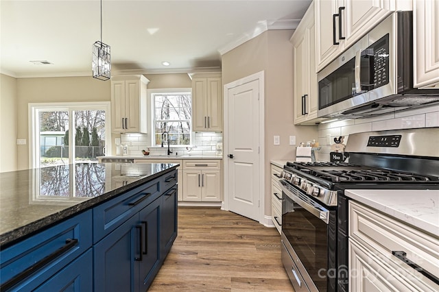 kitchen featuring crown molding, blue cabinetry, decorative backsplash, appliances with stainless steel finishes, and wood finished floors