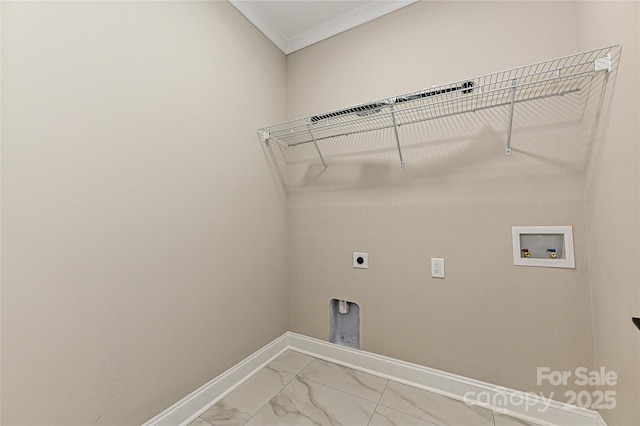 washroom featuring hookup for an electric dryer, laundry area, washer hookup, baseboards, and marble finish floor