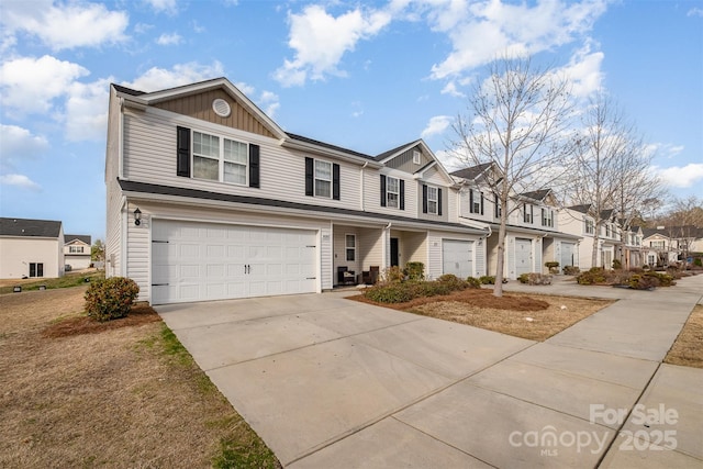 view of property with an attached garage, a residential view, board and batten siding, and concrete driveway