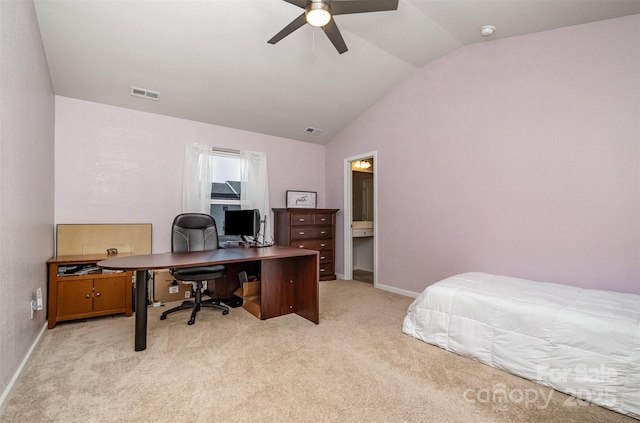 bedroom with light colored carpet, visible vents, vaulted ceiling, and baseboards