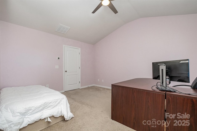 bedroom featuring visible vents, light carpet, vaulted ceiling, ceiling fan, and baseboards