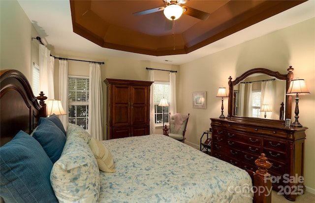 bedroom with baseboards and a tray ceiling