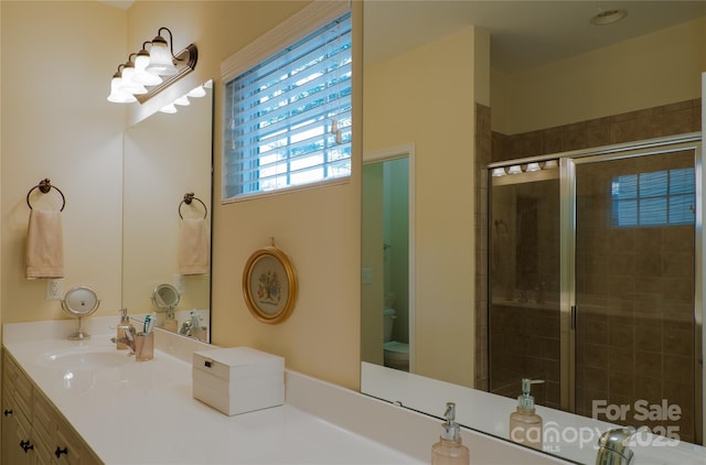 bathroom featuring toilet, a stall shower, and vanity