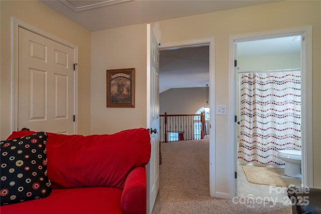 carpeted bedroom with vaulted ceiling