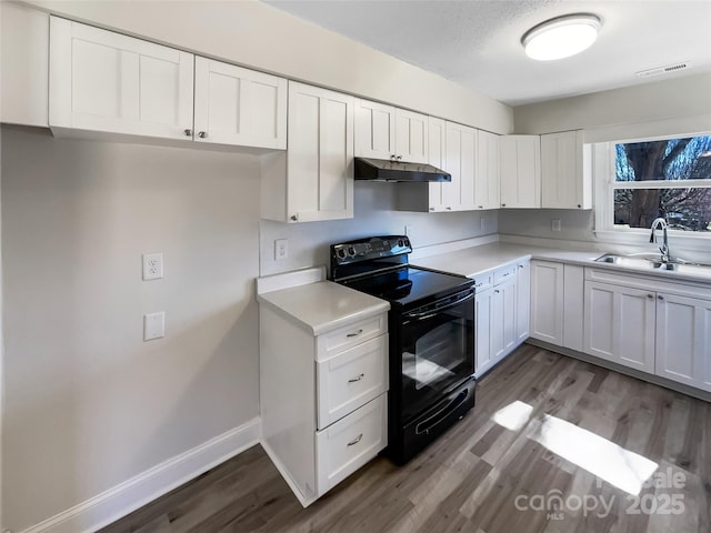 kitchen with black electric range, light countertops, white cabinets, a sink, and under cabinet range hood