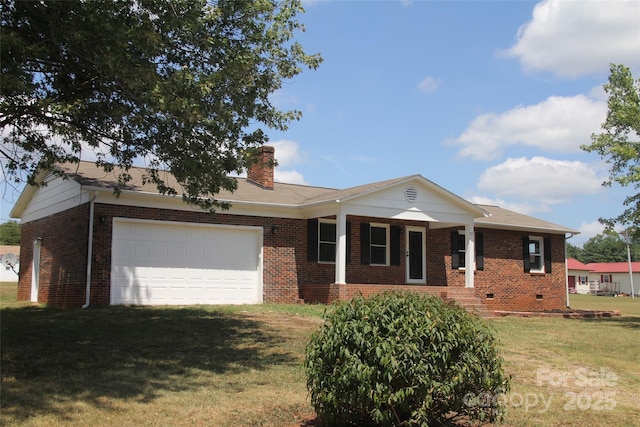 single story home with brick siding, a chimney, a front lawn, and a garage