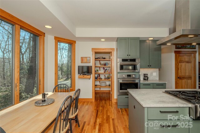 kitchen with range hood, light wood-type flooring, appliances with stainless steel finishes, and green cabinetry