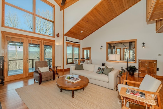 living area featuring wooden ceiling, high vaulted ceiling, baseboards, and wood finished floors