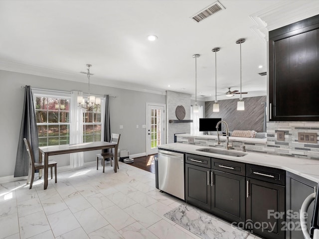 kitchen with a sink, visible vents, marble finish floor, stainless steel dishwasher, and tasteful backsplash