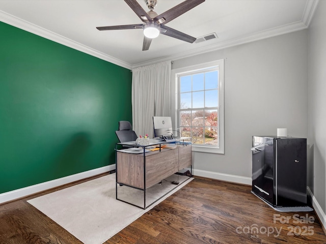 office featuring baseboards, dark wood-style flooring, and crown molding