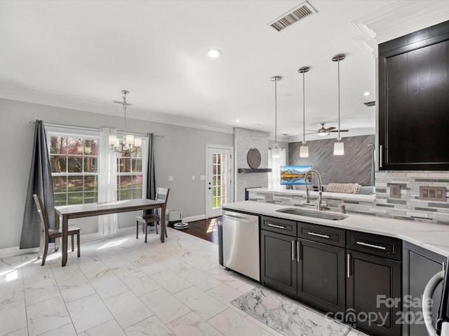 kitchen with tasteful backsplash, visible vents, marble finish floor, stainless steel dishwasher, and a sink