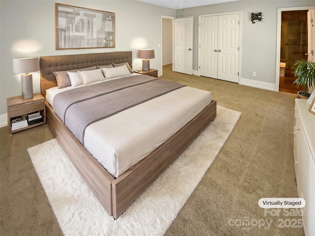 bedroom featuring a closet, carpet flooring, and baseboards