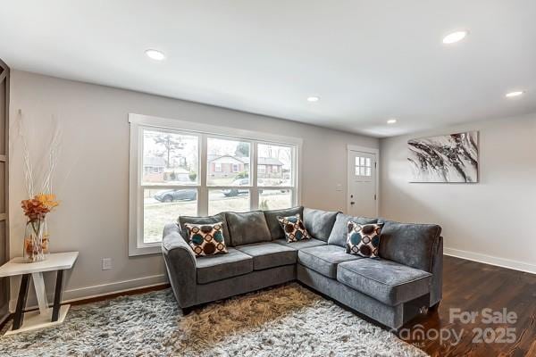 living room featuring recessed lighting, baseboards, and wood finished floors