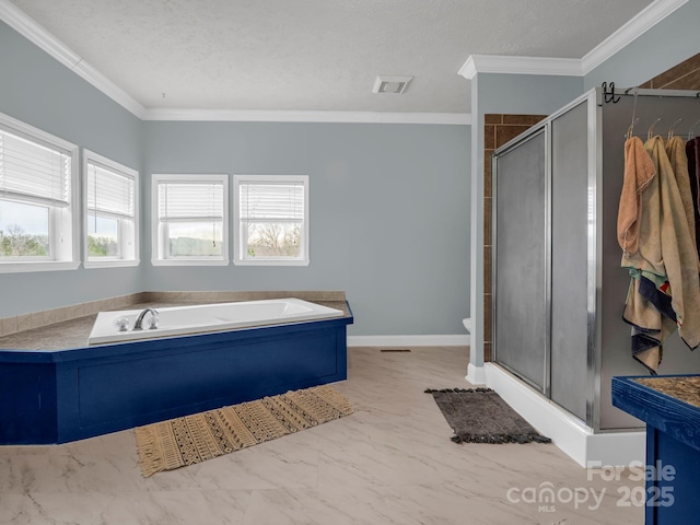 full bathroom with visible vents, crown molding, a stall shower, a bath, and marble finish floor