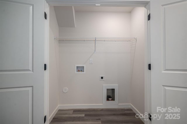 clothes washing area with laundry area, hookup for a gas dryer, dark wood-type flooring, hookup for a washing machine, and electric dryer hookup