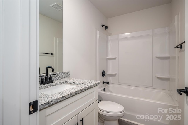 full bath with toilet, visible vents, shower / washtub combination, and vanity