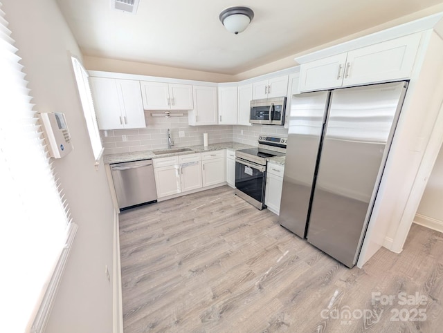 kitchen with a sink, white cabinetry, appliances with stainless steel finishes, light wood finished floors, and tasteful backsplash