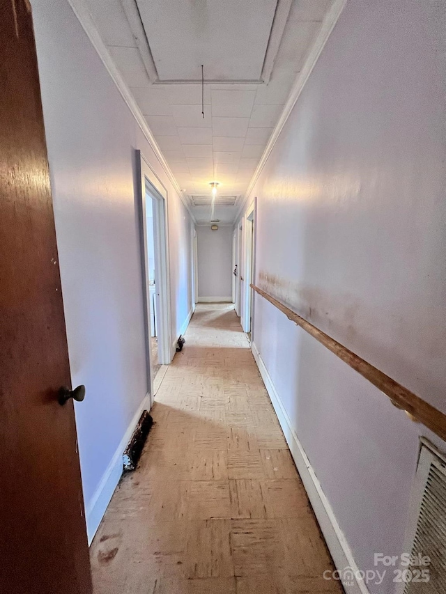 930 Weaver Rd, China Grove, NC 28023 - hallway with attic access, ornamental molding, and baseboards