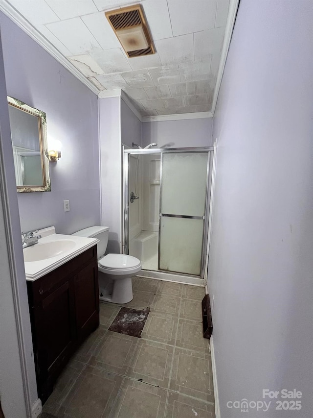 930 Weaver Rd, China Grove, NC 28023 - full bath featuring visible vents, toilet, ornamental molding, a stall shower, and vanity