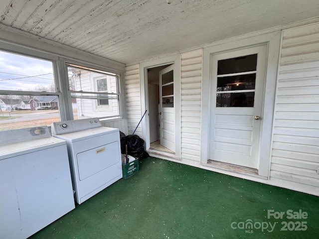930 Weaver Rd, China Grove, NC 28023 - clothes washing area featuring washer and dryer, laundry area, and wooden ceiling