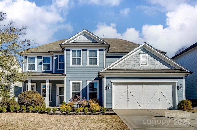 view of front of property featuring a garage, covered porch, and driveway