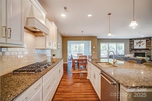 kitchen featuring wood finished floors, visible vents, custom exhaust hood, a sink, and appliances with stainless steel finishes