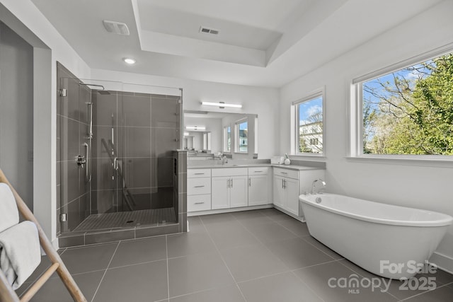 bathroom with a stall shower, a tray ceiling, visible vents, and vanity