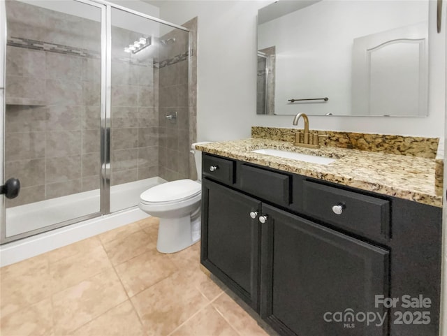 bathroom with toilet, a stall shower, tile patterned flooring, and vanity