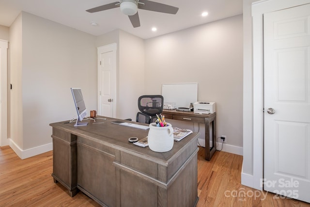 office area featuring baseboards, ceiling fan, recessed lighting, and light wood finished floors