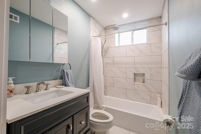bathroom with visible vents, shower / bath combination with curtain, toilet, and vanity