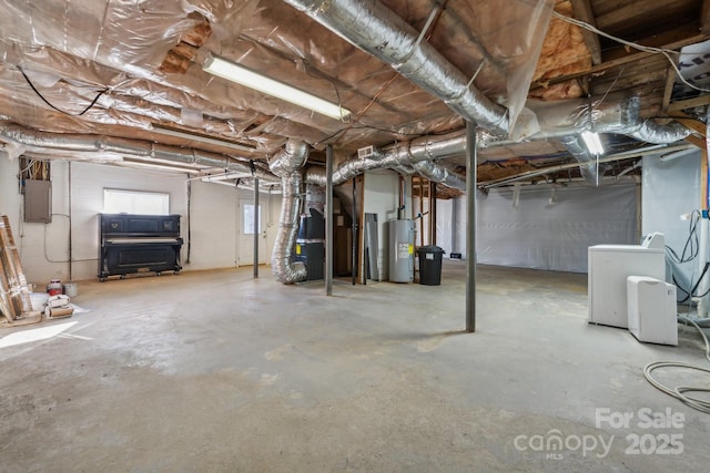 below grade area featuring heating unit, electric panel, washer / clothes dryer, and electric water heater