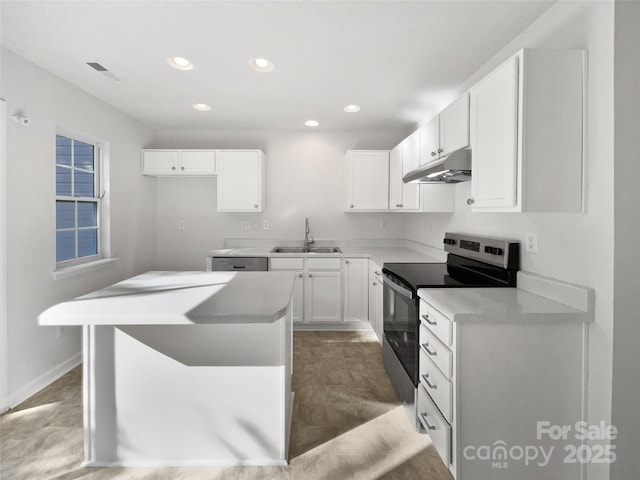 kitchen featuring a center island, white cabinets, stainless steel range with electric cooktop, a sink, and under cabinet range hood