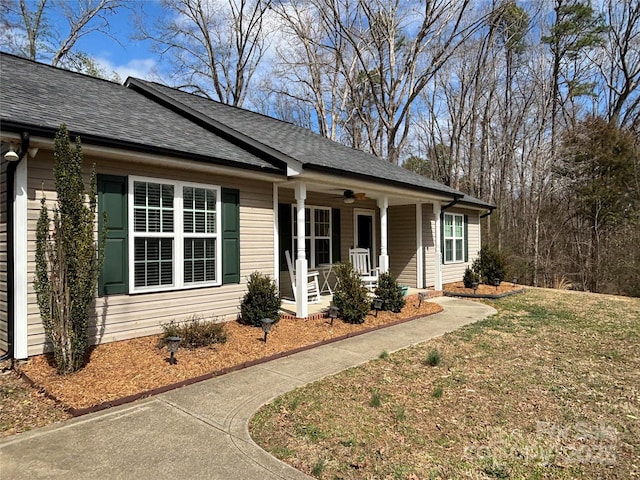 view of front of home featuring a front lawn, a porch, a ceiling fan, and roof with shingles