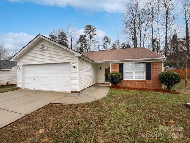 single story home featuring a garage, a shingled roof, concrete driveway, a front lawn, and brick siding