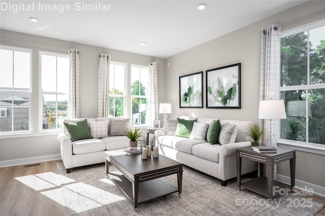 living room with baseboards, wood finished floors, and a healthy amount of sunlight