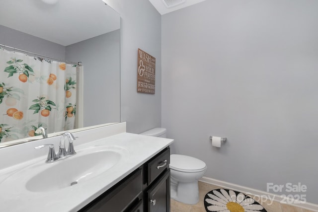 full bath with visible vents, baseboards, toilet, tile patterned floors, and vanity