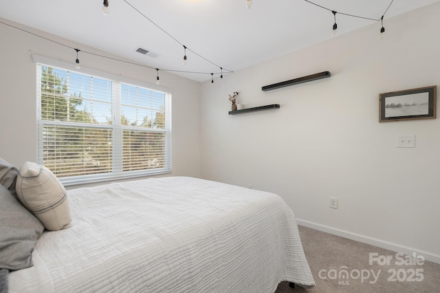 bedroom with carpet floors, visible vents, and baseboards