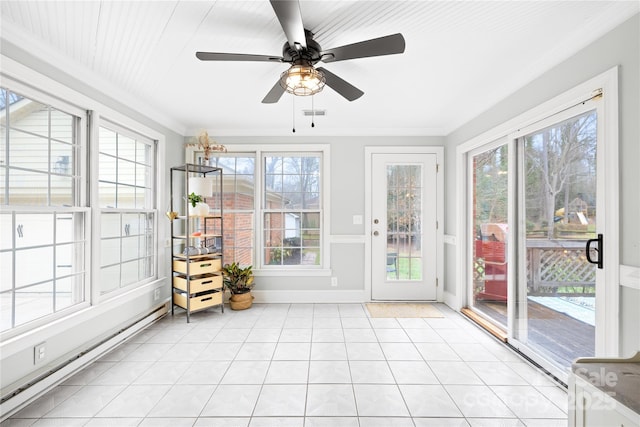 unfurnished sunroom with plenty of natural light, a baseboard radiator, visible vents, and a ceiling fan