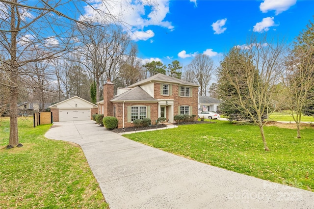 view of front of home featuring brick siding, a chimney, a garage, an outdoor structure, and a front lawn