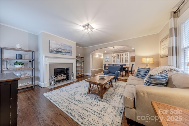 living area with a fireplace with flush hearth, ornamental molding, dark wood-style floors, arched walkways, and baseboards