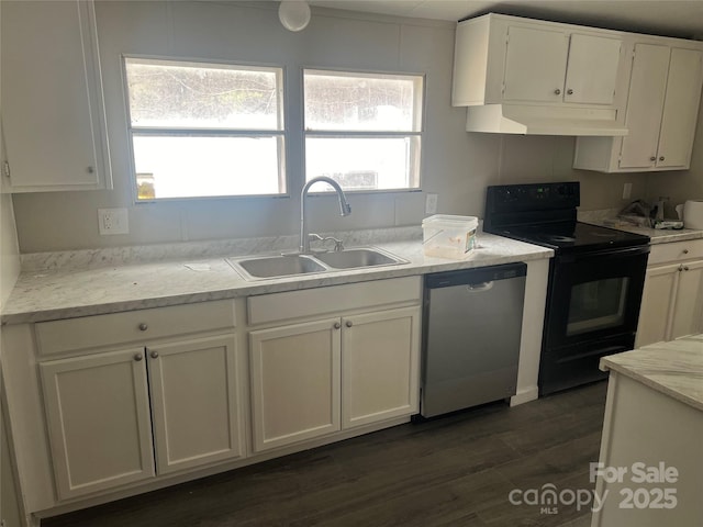 kitchen with white cabinets, black electric range oven, stainless steel dishwasher, under cabinet range hood, and a sink