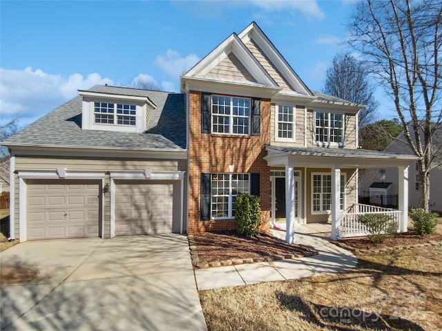 view of front facade featuring an attached garage, covered porch, driveway, and brick siding