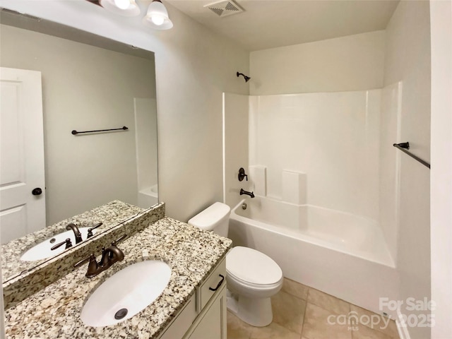 bathroom with tile patterned flooring, toilet, shower / bath combination, vanity, and visible vents