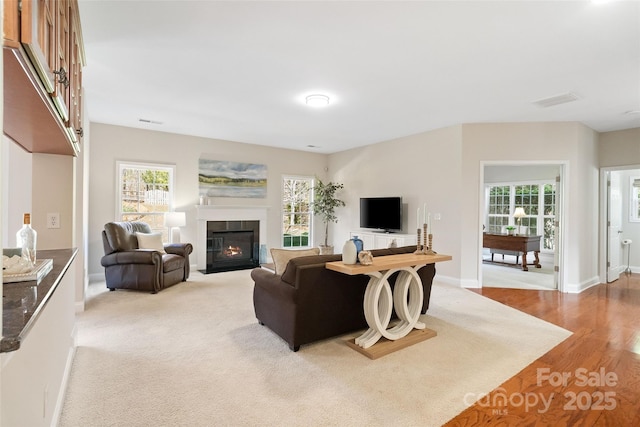 living area featuring a fireplace with flush hearth, wood finished floors, baseboards, and a wealth of natural light